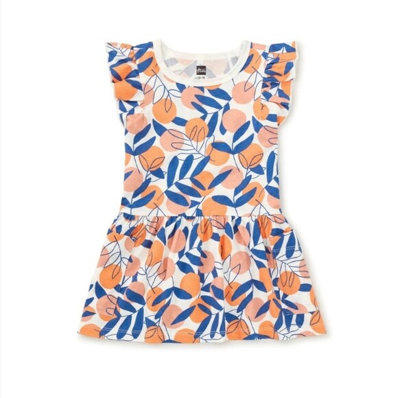Tea Collection Orange Peach Fruit Blue Sun Dress Cotton Summer Girls Size 12 - Picture 1 of 7